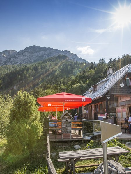 Blick auf die Edelwei&szlig;h&uuml;tte mit Sonne und Schneeberg im Hintergrund